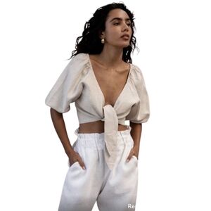 EUC Posse Mia Linen Tie‎ Front Crop Top Beige Size XXS